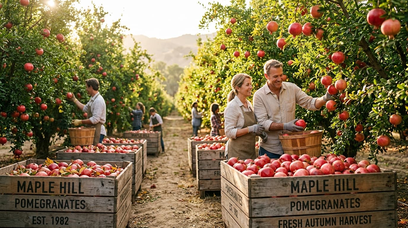 Sun-drenched pomegranate orchard harvest